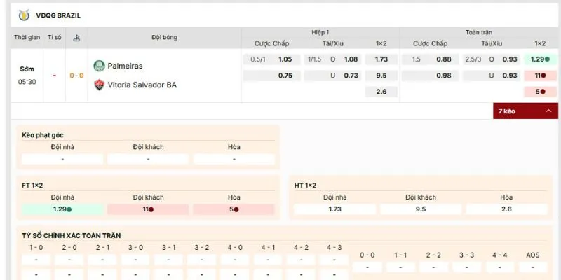 Các loại cược nên tham gia của trận Palmeiras vs Victoria Salvador BA